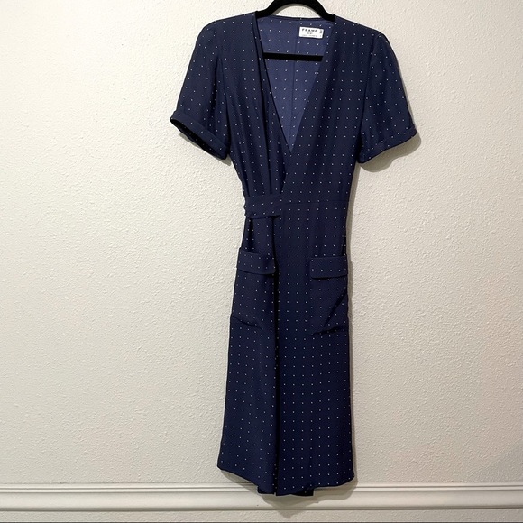 ASO Rory Gilmore Gilmore Girls Blue Polka Dot Silk Short Sleeve Tie Wrap Dress - Picture 3 of 11